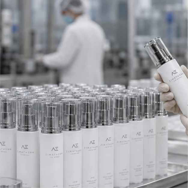 Специалист в лаборатории проверяет флакон ZIMATHERM Lab Method на производстве дермокосметики.